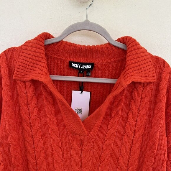 DKNY Cable Sweater XLARGE Knit pullover V-Neck Long-Sleeve Orange Tangerine NWT - Picture 4 of 9